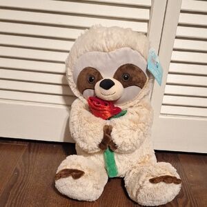 Adorable Cream Sloth Plush with Red Rose